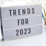 Trends for 2023 concepts with text on lightbox.inspiration and creativity.Business ideas