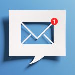 New email notification concept for business e-mail communication and digital marketing. Inbox receiving electronic message alert. Abstract minimalist design with cutout paper and blue background.