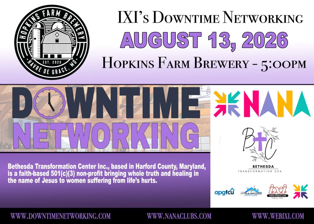 dtn-bethesda-transformation-center - WebIXI Collage banner for a networking event: left shows Hopkins Farm Brewery circular logo; center features a lavender gradient with large purple text 'AUGUST 13, 2026' and event details; bottom area includes 'Downtime Networking' branding and partner logos with website URLs.